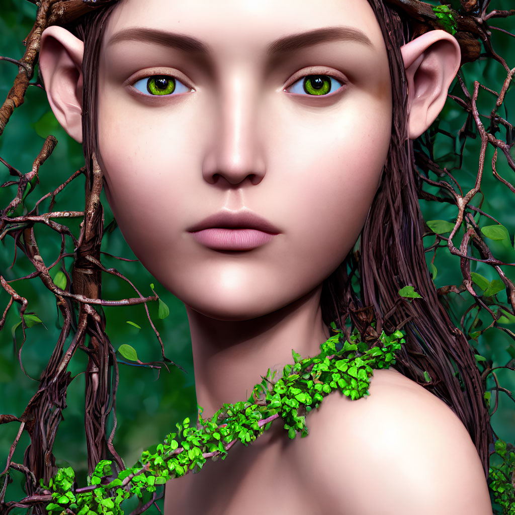 Detailed digital artwork of a fantasy female elf with pointed ears and green eyes, adorned with vines and leaves