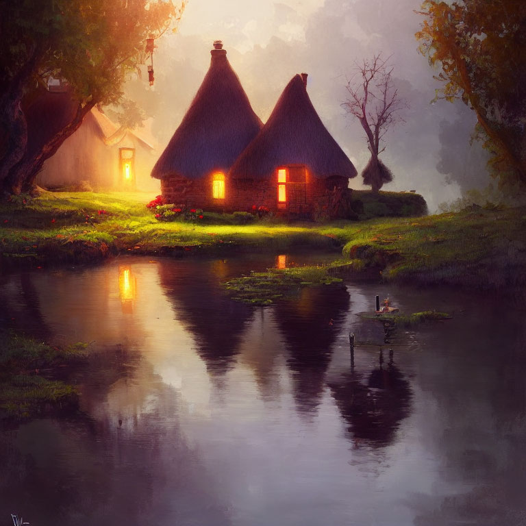 Twilight scene of thatched cottages, pond reflections, swans in lush landscape