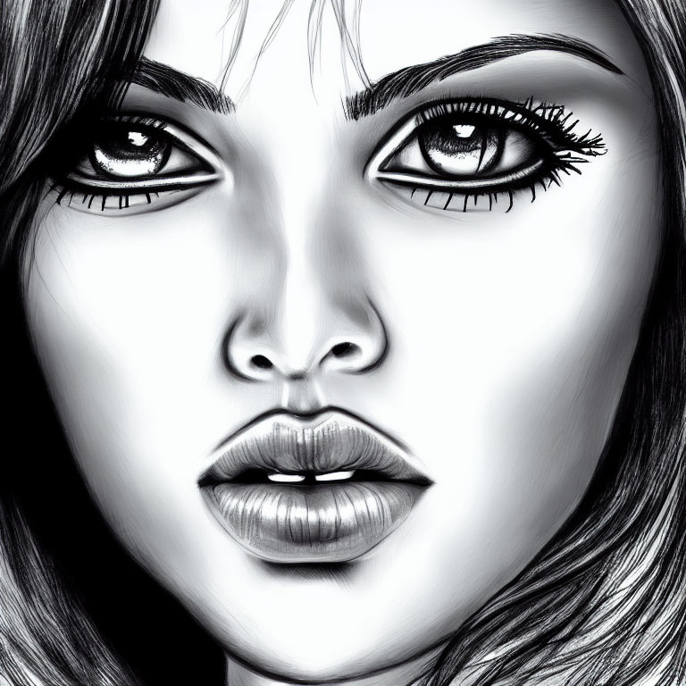 Detailed Black and White Digital Portrait of Woman's Eyes, Lips, and Hair