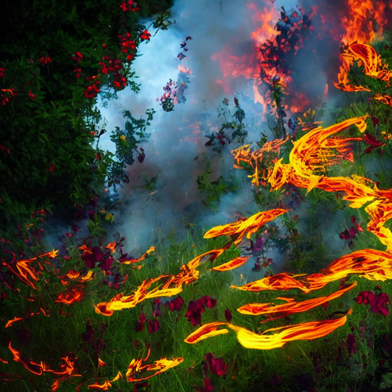 Swirling Flames Among Greenery and Flowers in Smoke-Hazed Sky