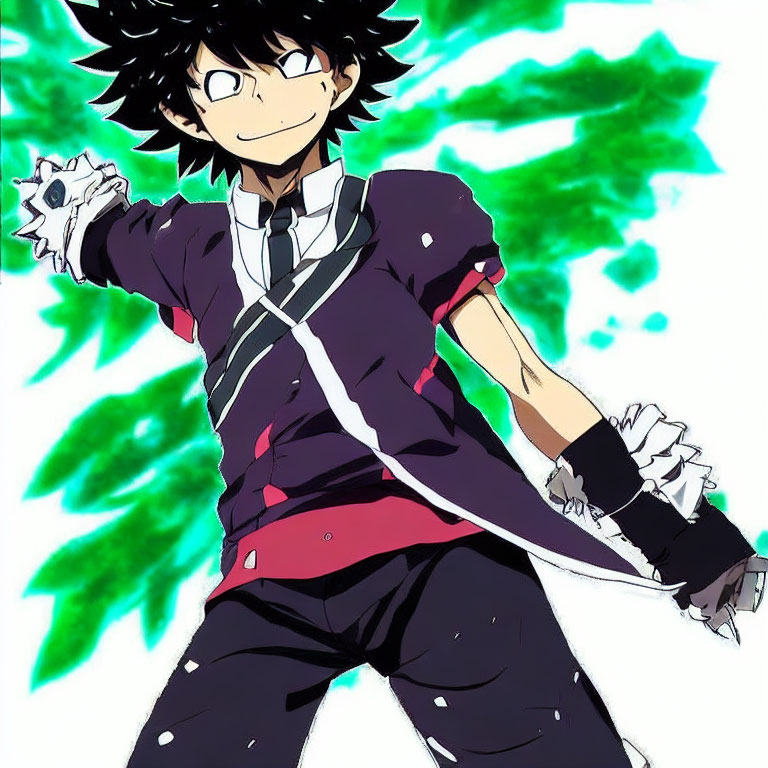 Anime character in black uniform with red belt and green power.