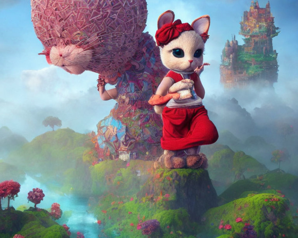 Anthropomorphic mouse in red clothing with flute on rocky pinnacle.