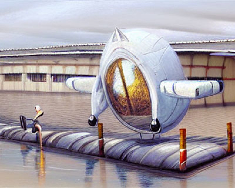 Silver futuristic aircraft with large cockpit window docked on wet platform, worker inspecting.