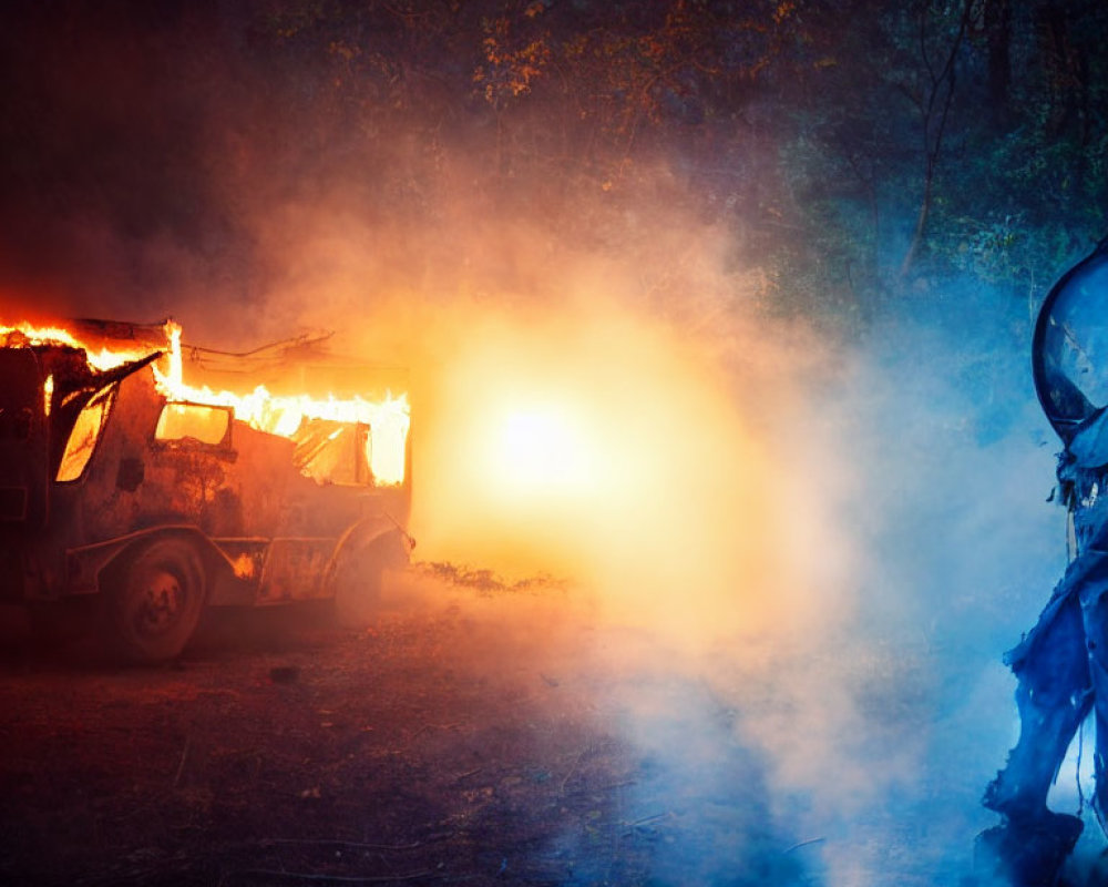 Vehicle engulfed in flames emitting thick smoke at night