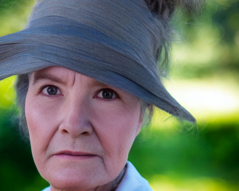 Elderly woman in wide-brimmed hat with serious expression, green blurred background