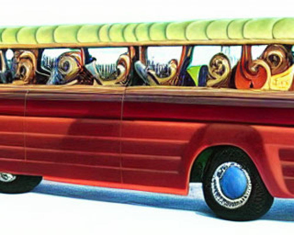 Stylized cartoon illustration of glossy, retro-futuristic bus