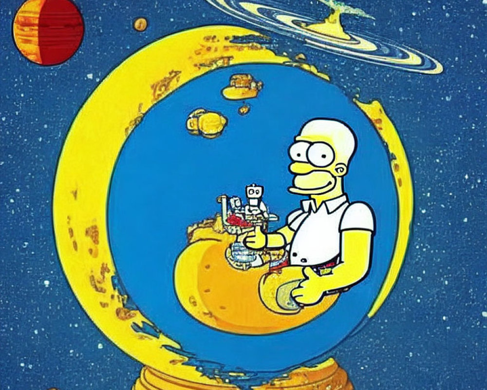 Cartoon illustration: Homer Simpson on motorcycle in space planet with celestial bodies.