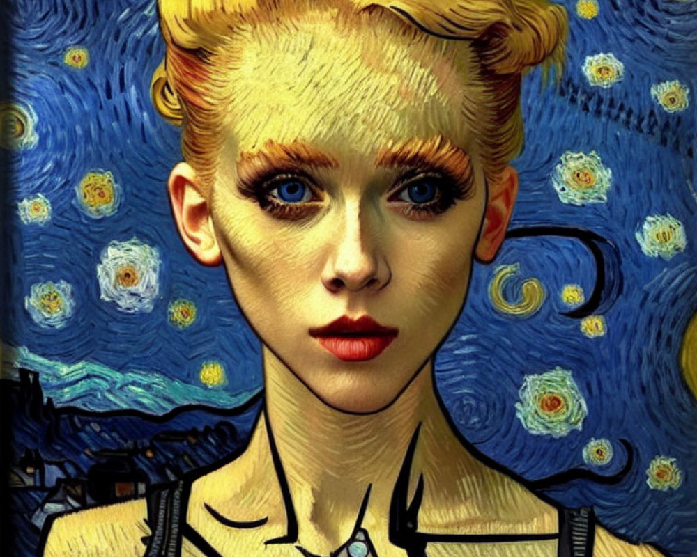 Woman with Van Gogh-inspired features in swirling blues and yellows