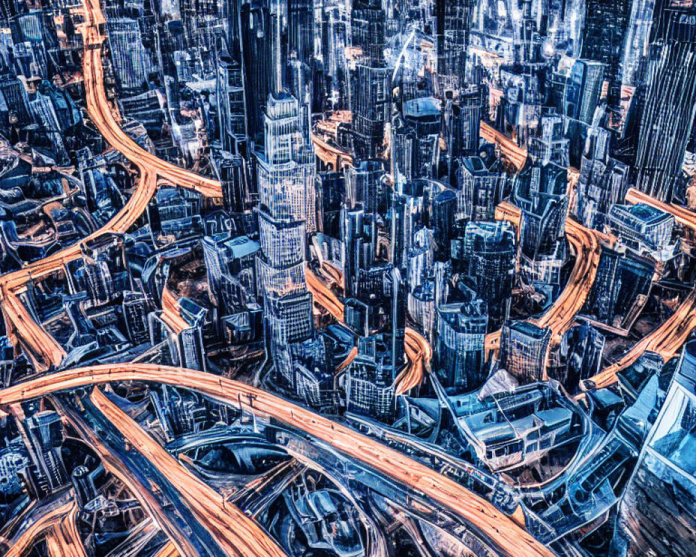 Urban skyline with skyscrapers and highways in high-contrast blue tones