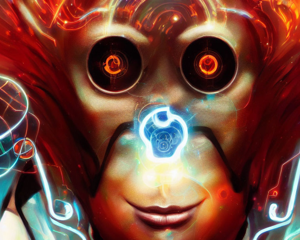 Colorful digital artwork of figure with glowing orange patterns and circular symbols for eyes, featuring a luminous