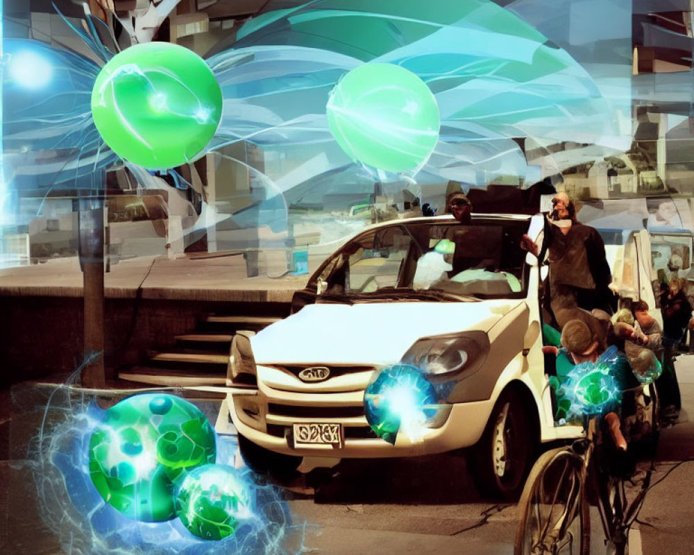 Digitally altered photo featuring car, bicycle, figures, green orbs, and blue shapes on urban street