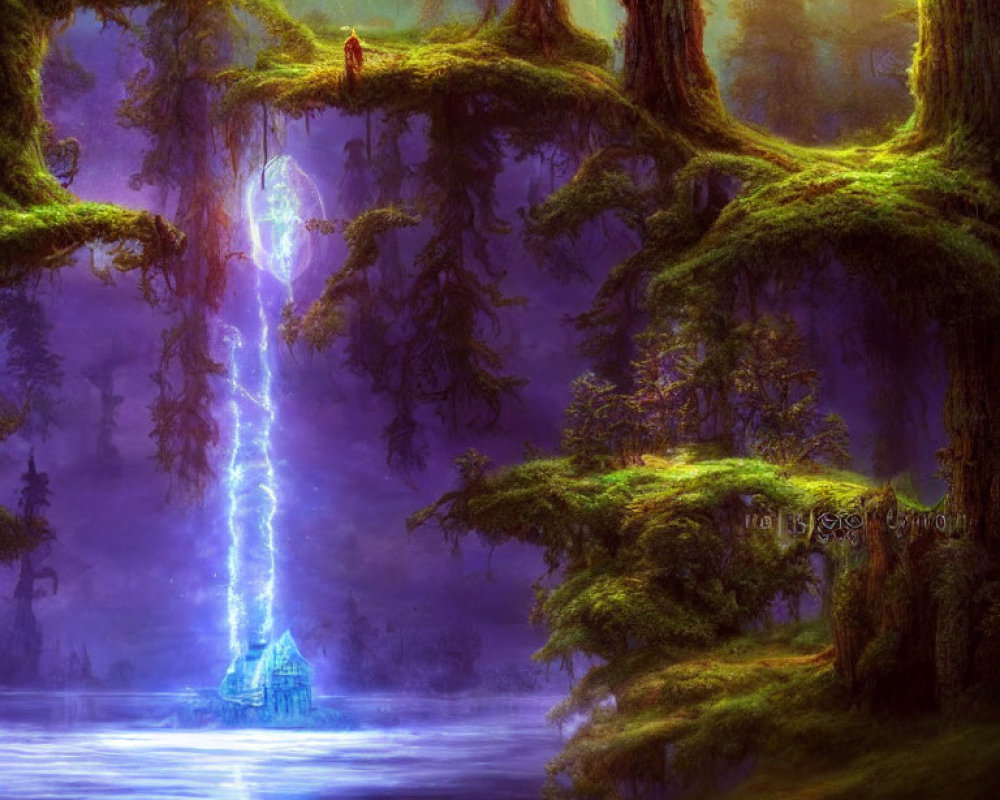 Vibrant purple forest with lightning bolt, house on lake, and cloaked figure