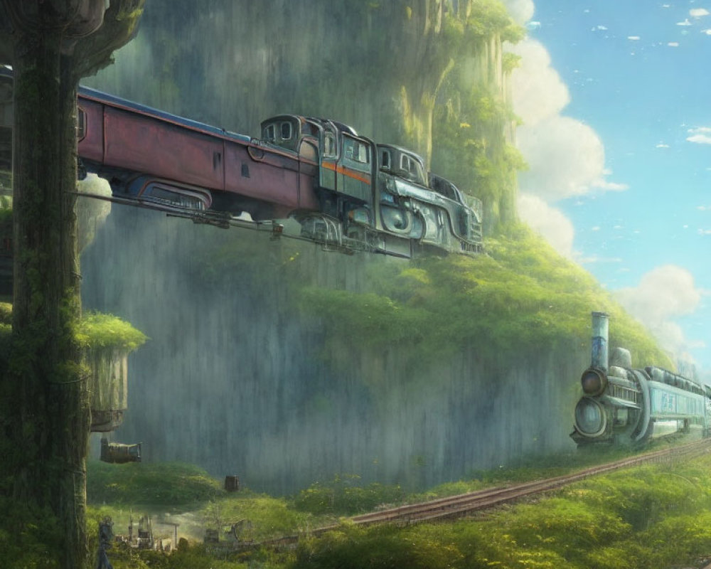 Fantastical image: Trains on lush track with waterfalls & trees