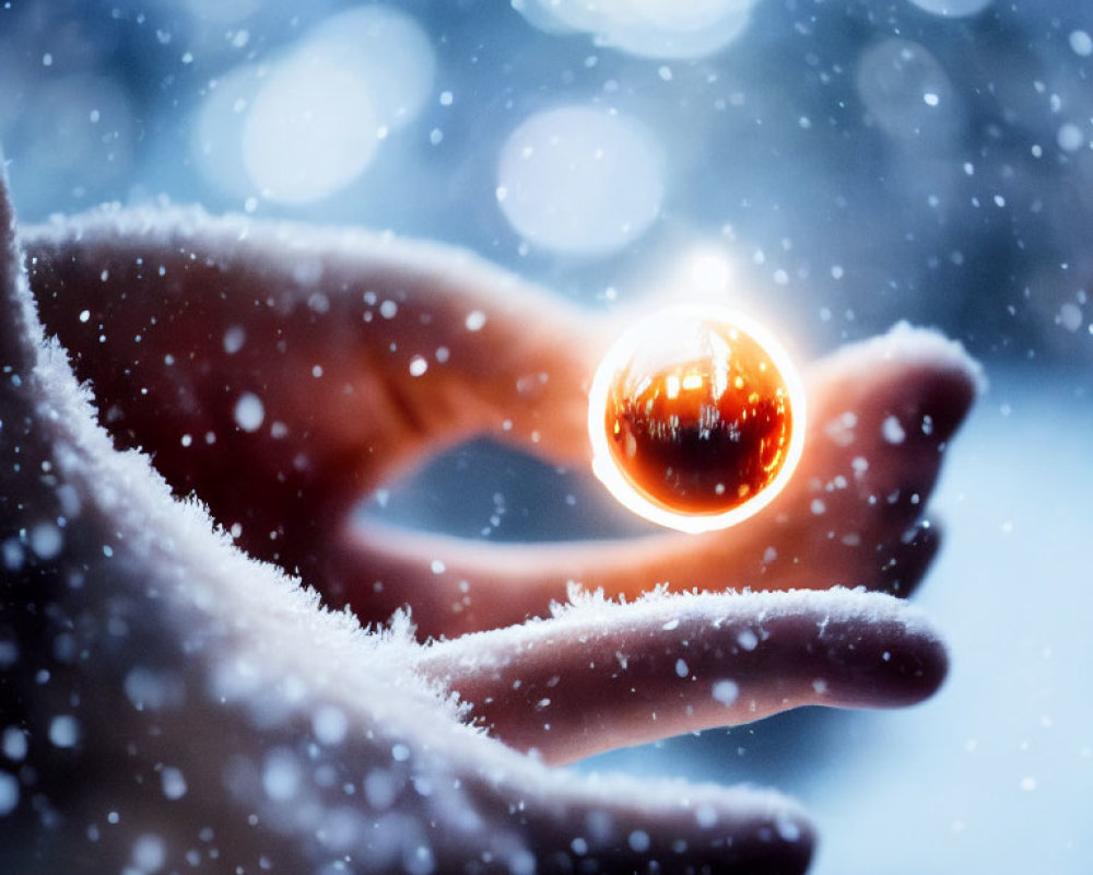 Glowing orb held in hand amidst falling snowflakes and wintry backdrop