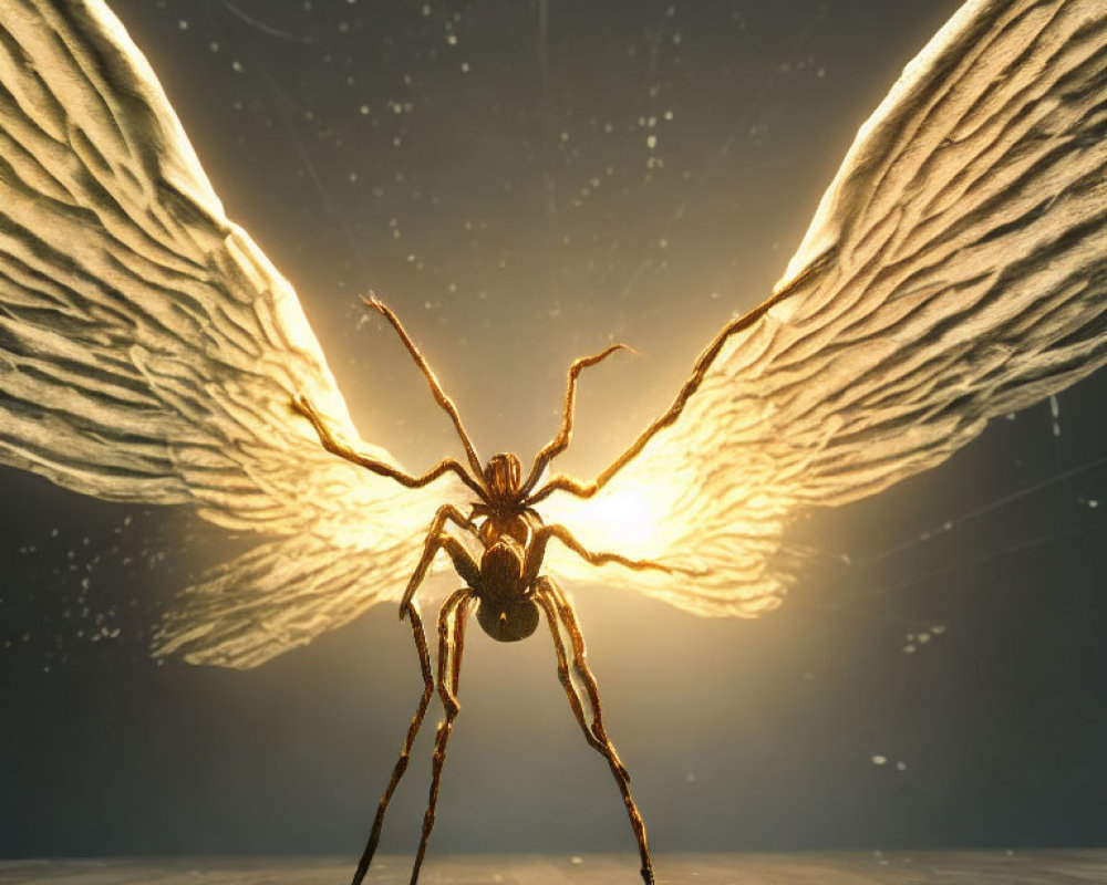 Spider-bodied creature with luminous wings on glowing backdrop.