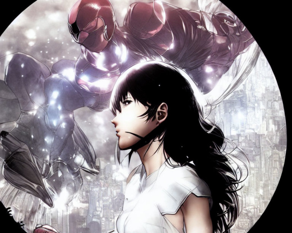 Dark-haired woman gazes pensively with Iron Man-like figures in cityscape.