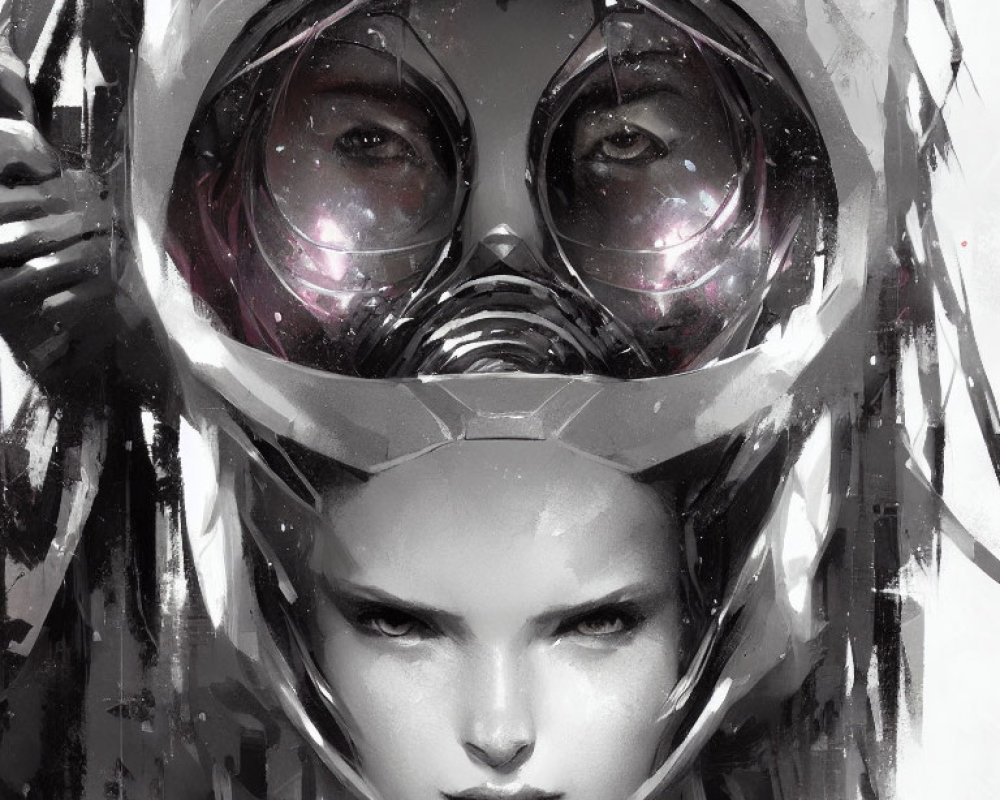 Monochrome artwork featuring person with intense gaze and futuristic helmet.