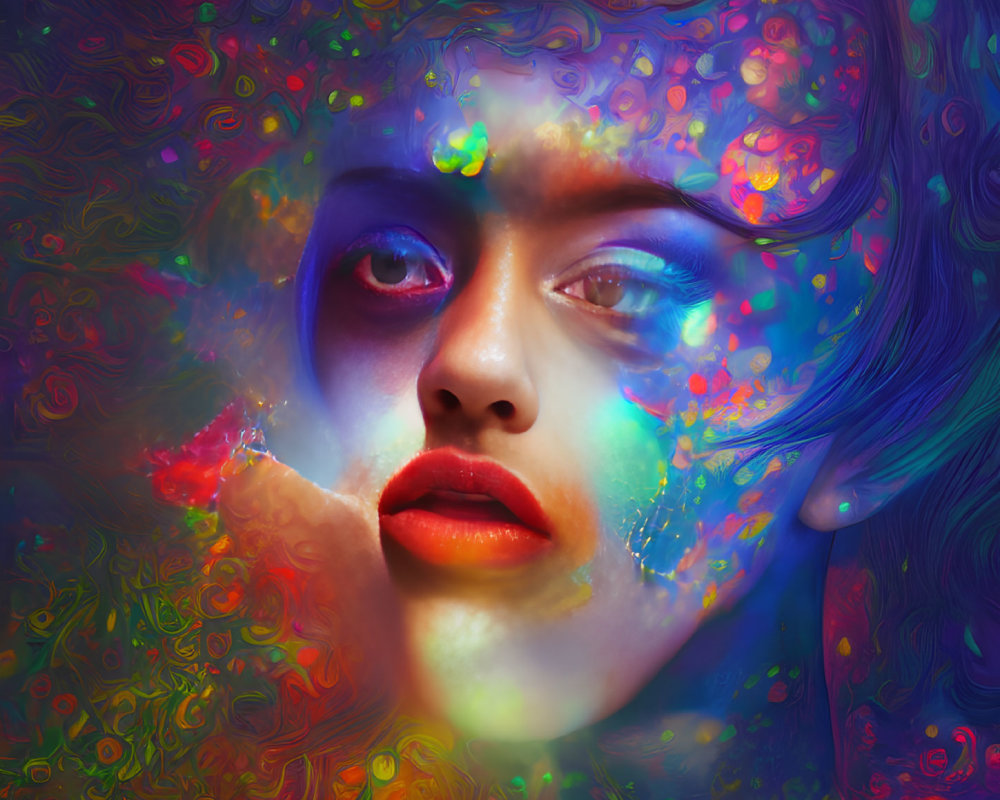 Colorful digital portrait of a woman's face with swirling, dreamlike features