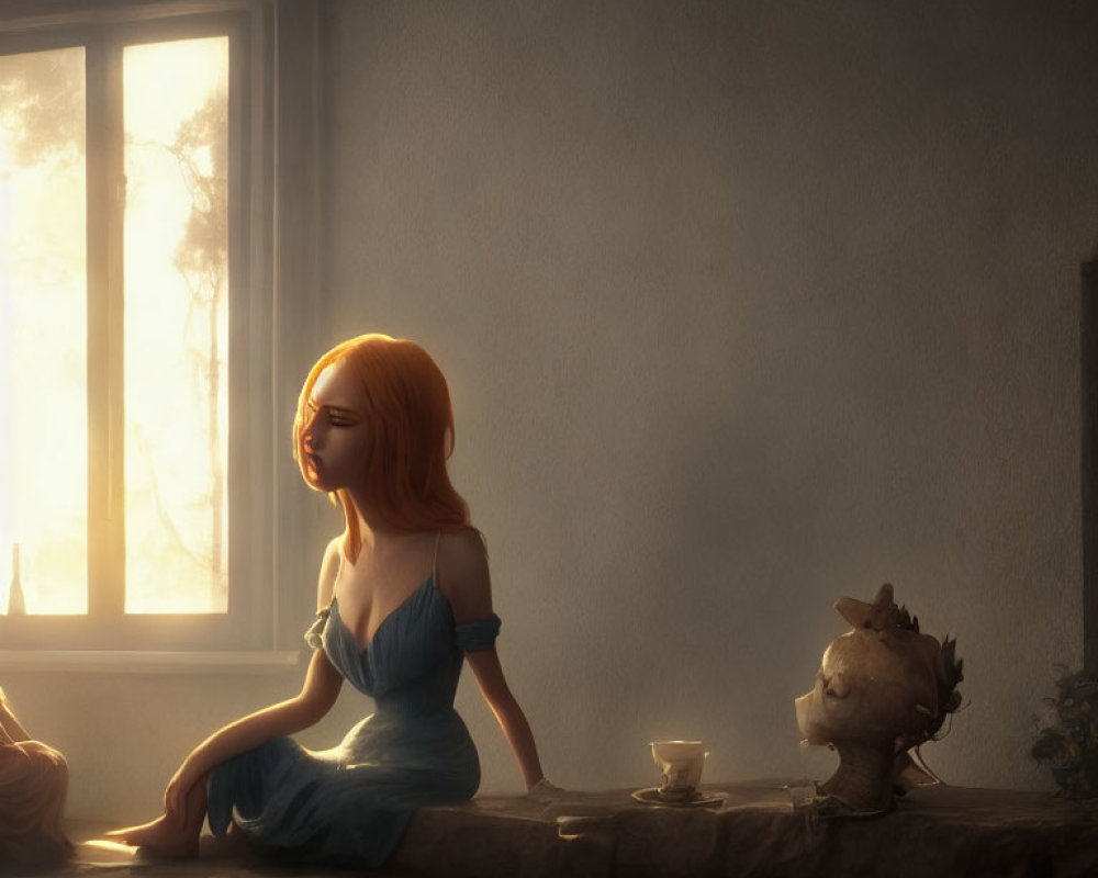 Young woman in blue dress by window with teacup and whimsical teapot