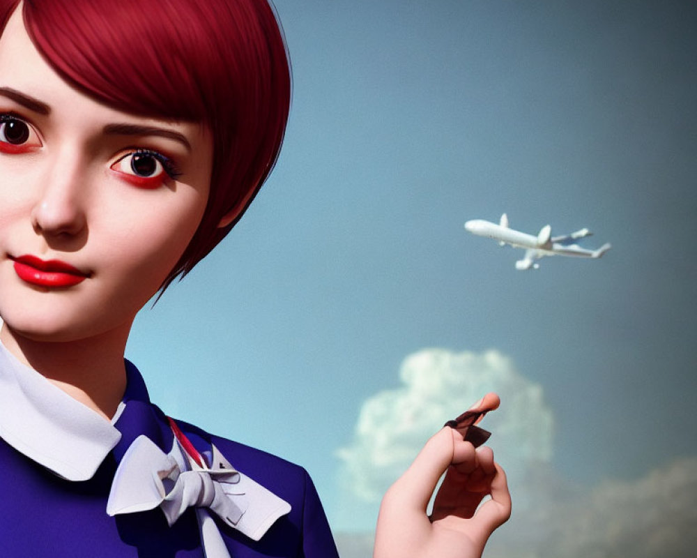 Red-haired female animated character with small plane against cloudy sky and distant aircraft.