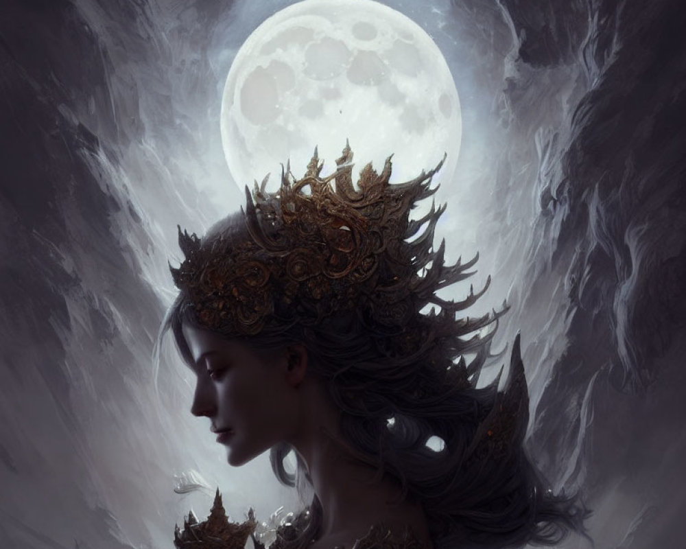 Serene woman with ornate crown under full moon and swirling clouds