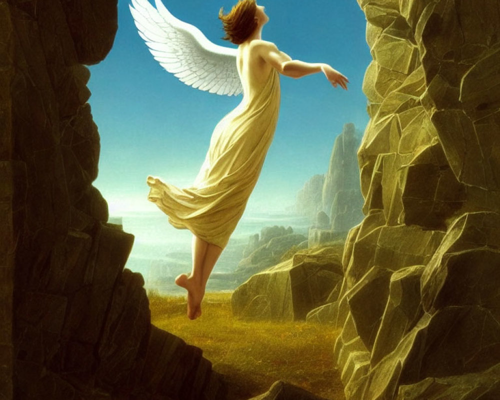 White-winged angel gracefully ascending between rocky cliffs under golden-lit sky