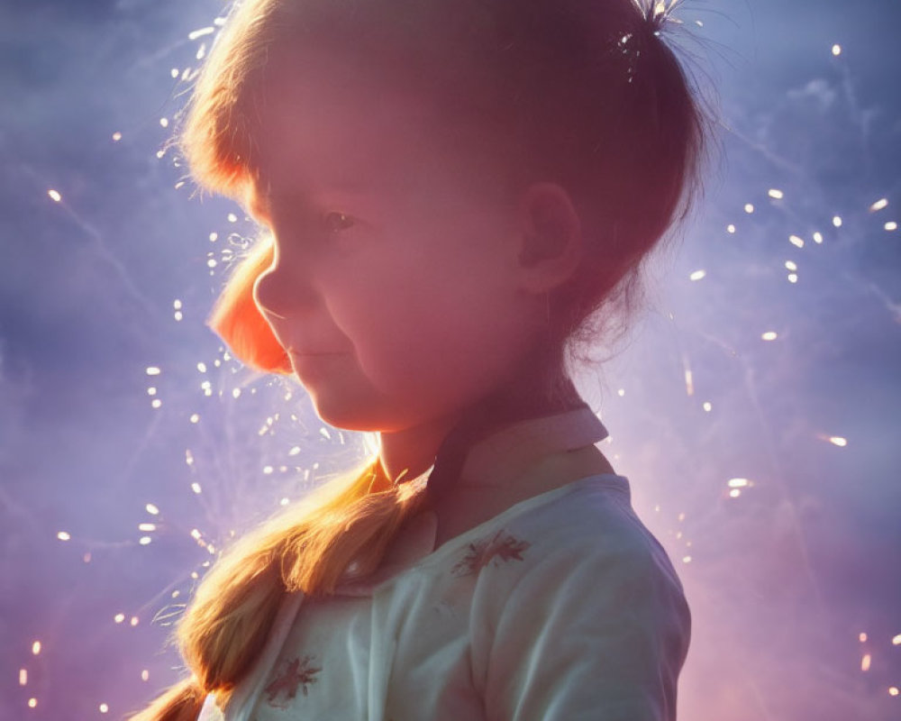 Young girl contemplating with fireworks in the sky