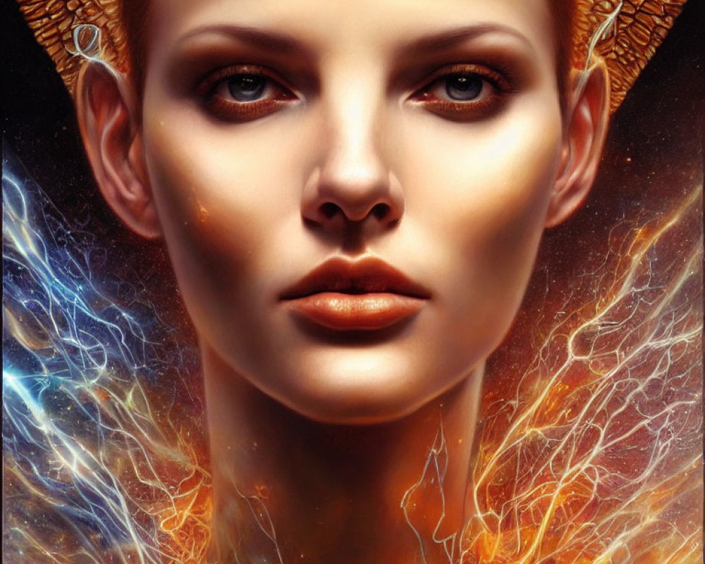 Vibrant digital artwork of a woman with cosmic aura and flames