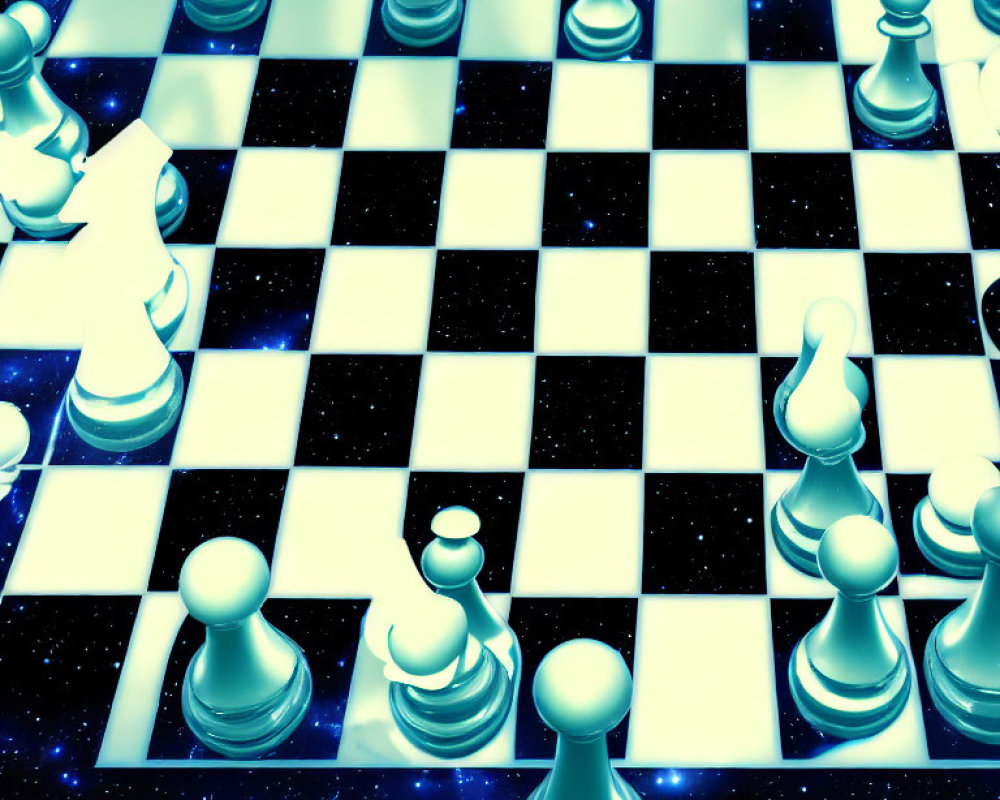 Cosmic 3D Chessboard with White and Blue Glowing Pieces