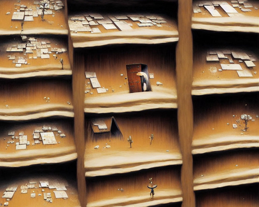 Surreal artwork of figure facing wall of drawers