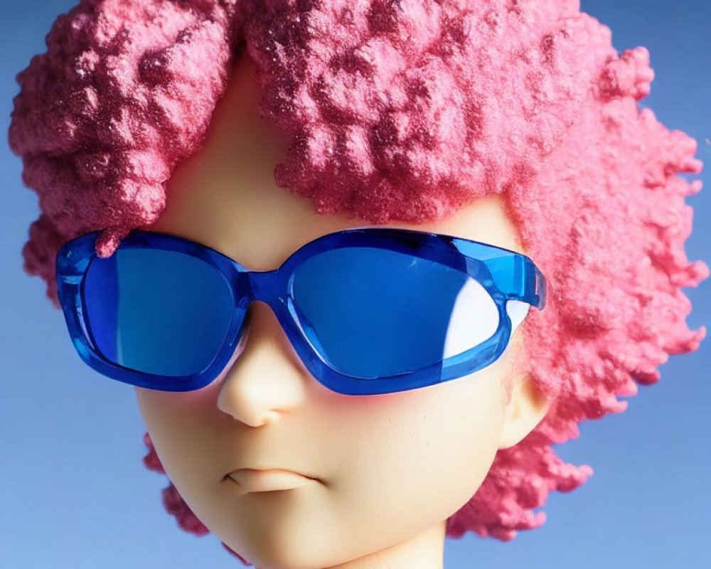 Mannequin head with pink coral hair and blue sunglasses on blue background