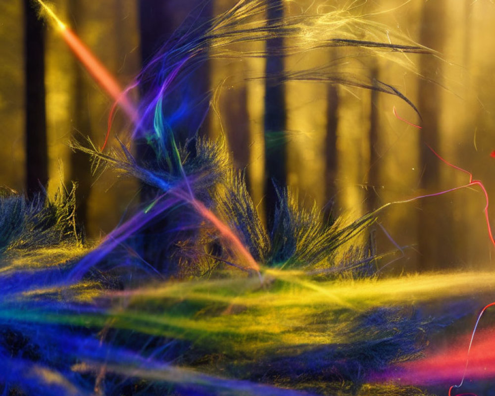 Vibrant light streaks in forest scene with mystical glow