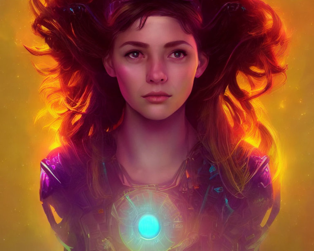 Digital Artwork: Young Woman in Futuristic Armor with Intense Eyes