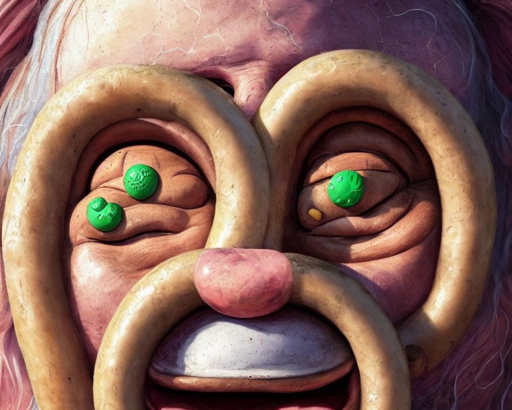 Illustration of surreal face with pretzel-shaped glasses and green button eyes