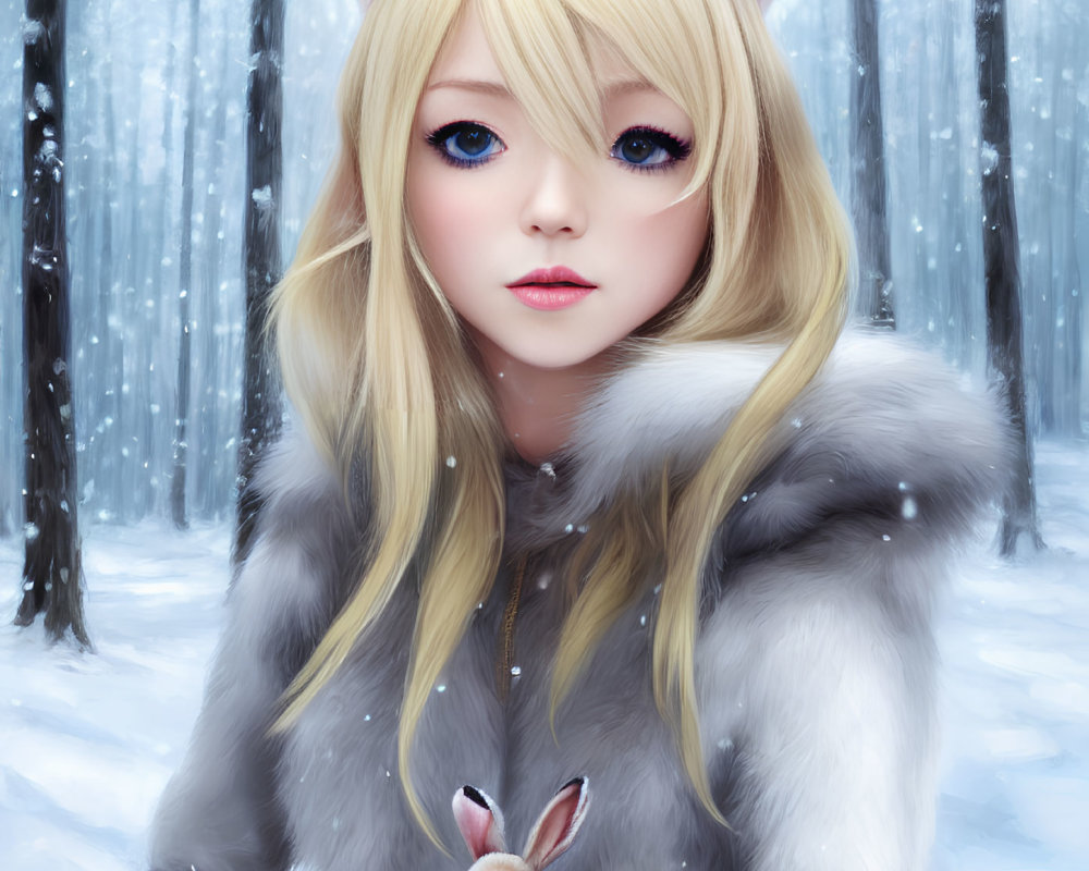 Blonde Girl with Animal Ears and Rabbit in Snowy Forest