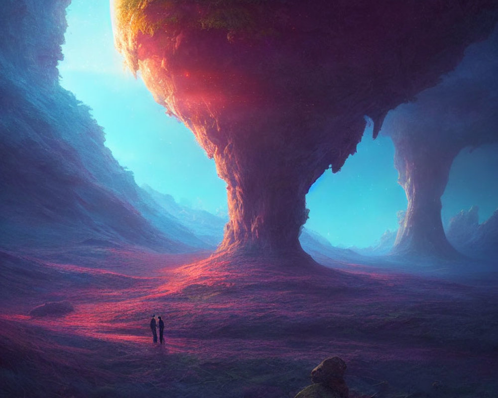 Alien valley with luminous tree-like structure at dawn or dusk