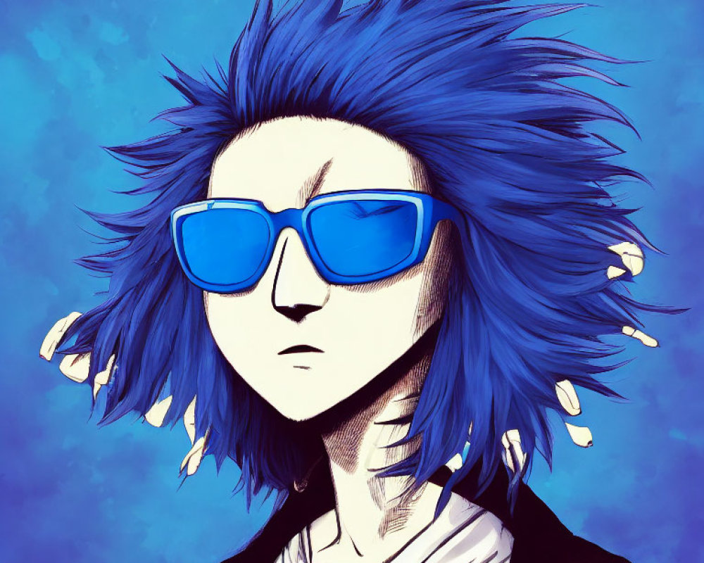 Spiky Blue-Haired Character in Blue Sunglasses on Textured Background