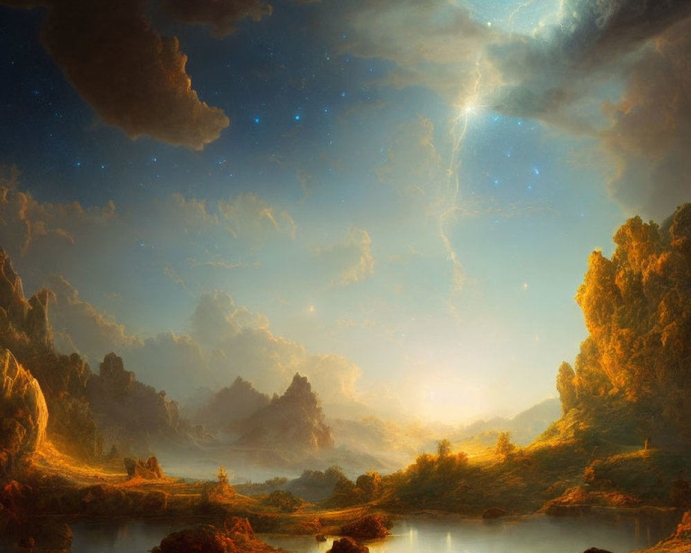 Surreal landscape with river, rocks, celestial glow, dual sky bodies, lightning