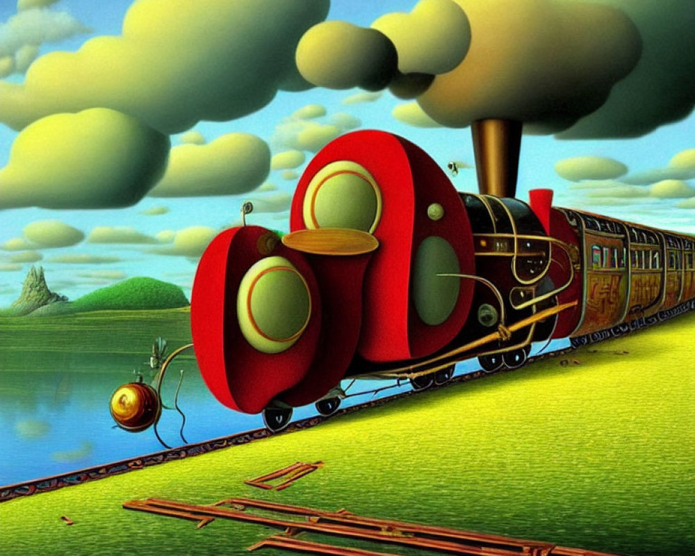 Colorful surreal painting of red train in whimsical landscape