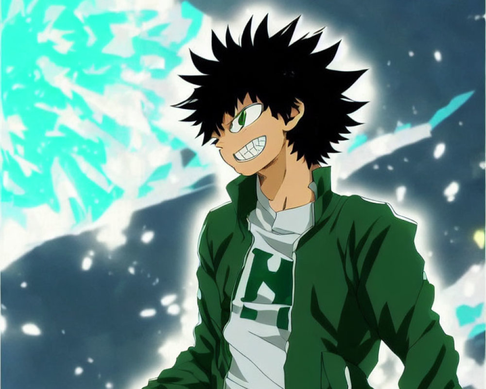 Spiky black hair, green eyes, green track jacket character in front of blue crystals