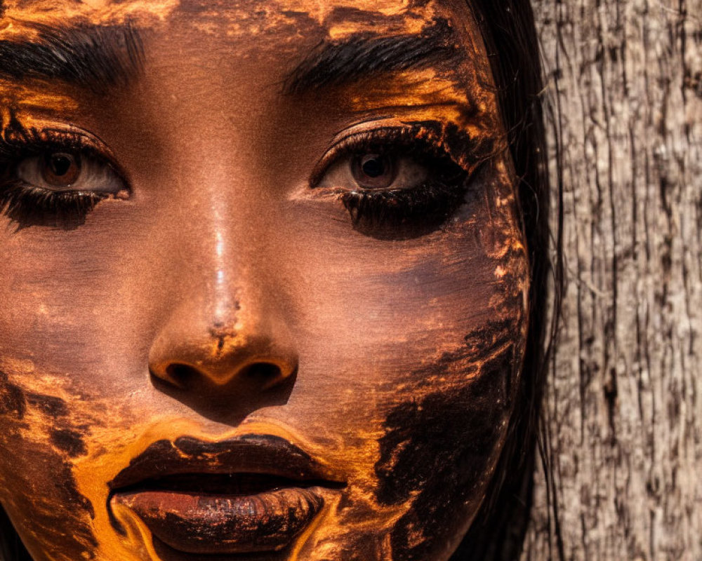 Striking makeup resembling molten lava on woman against textured wooden backdrop