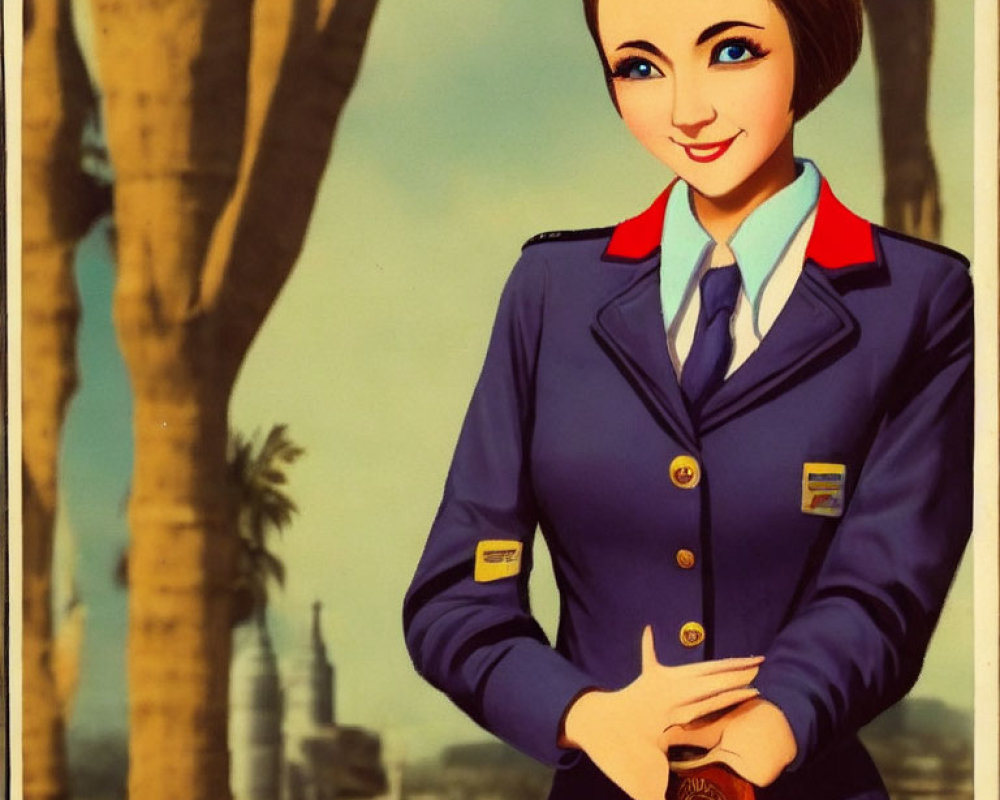 Smiling female flight attendant in blue uniform with passport, palm trees, and cityscape.