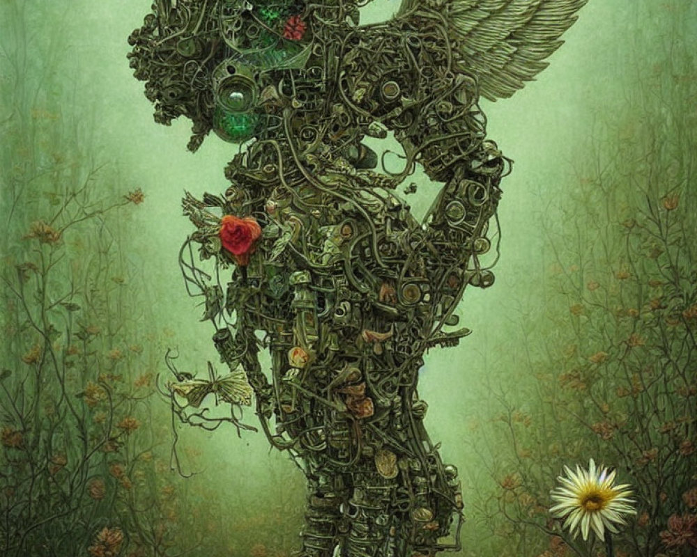 Mechanical angel figure with gears and rose in murky background