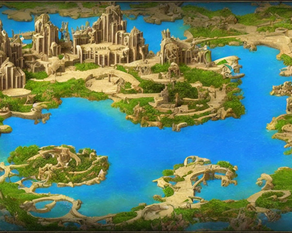 Fantastical landscape with blue lake, mythical structures, and greenery