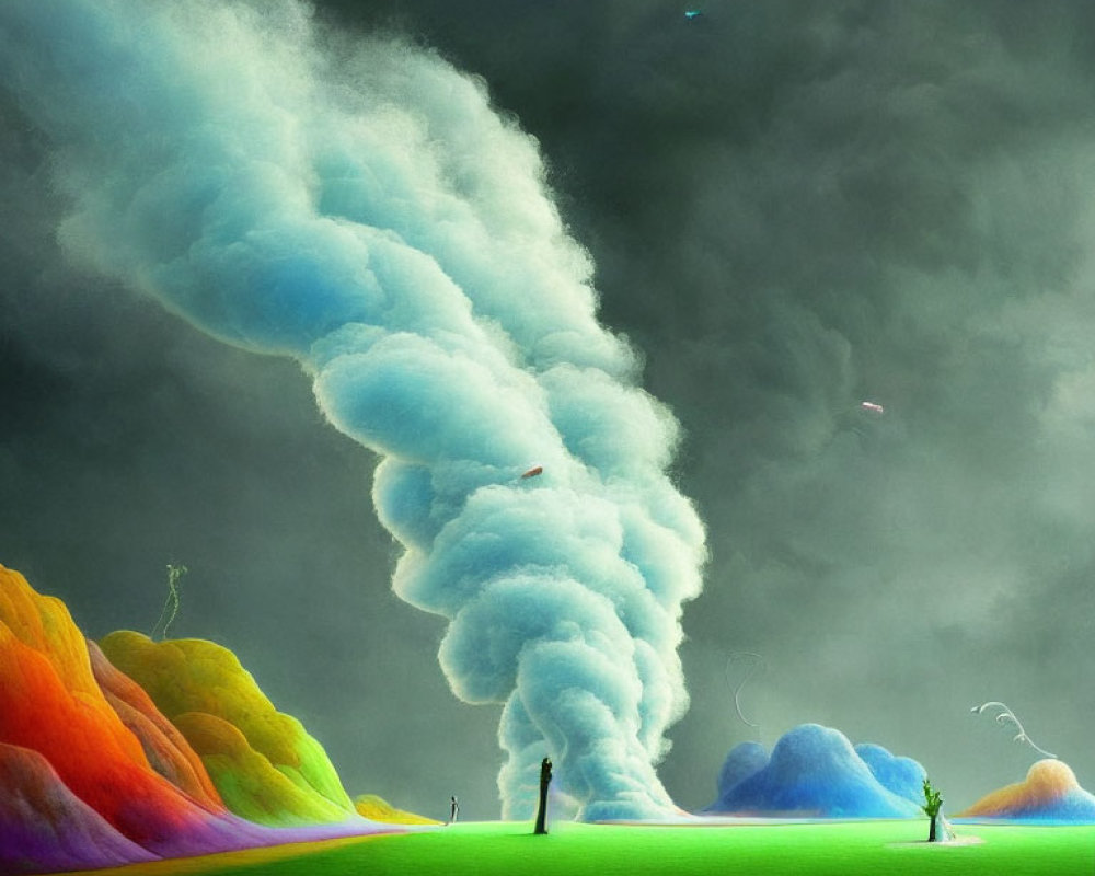 Colorful Rolling Hills and Towering Cloud Column in Surreal Landscape