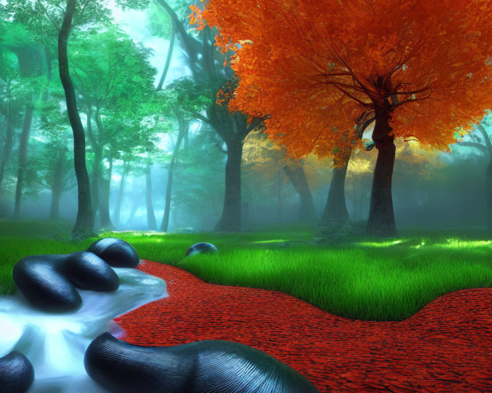 Digitally-altered forest scene with vibrant colors and misty atmosphere, showcasing an orange tree, a