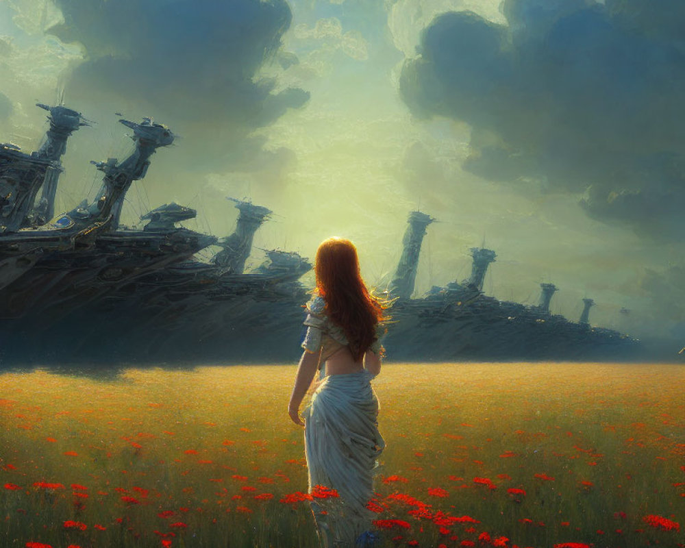 Woman admires red flower field under dramatic sky with floating ship-like structures