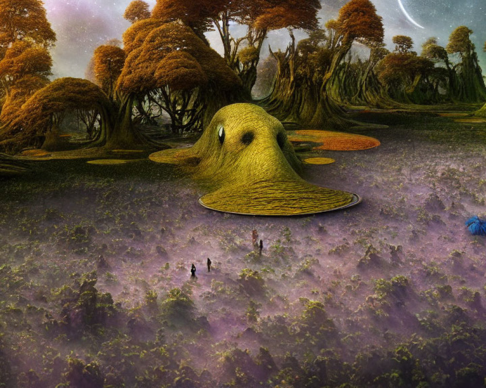 Giant duck-like hill dominates surreal landscape with human figures and whimsical trees.