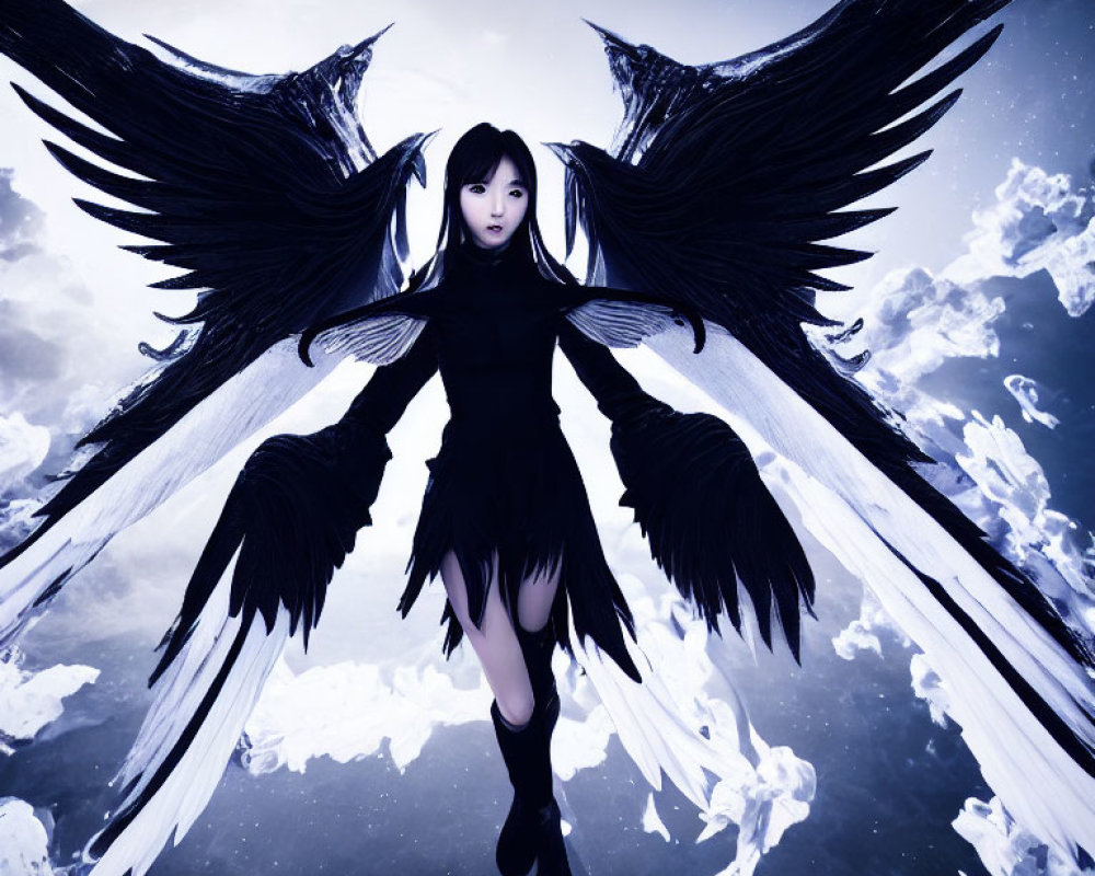 Digital Artwork: Woman with Dark Angel Wings in Cloudy Sky