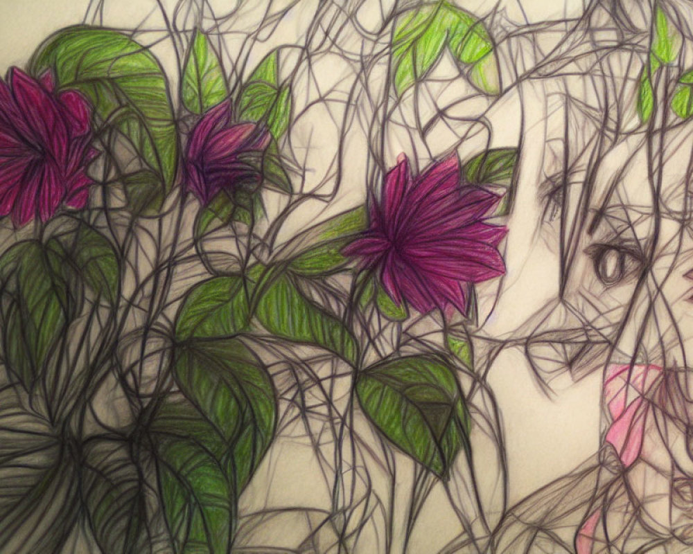 Detailed pencil drawing of a face obscured by vines and purple flowers